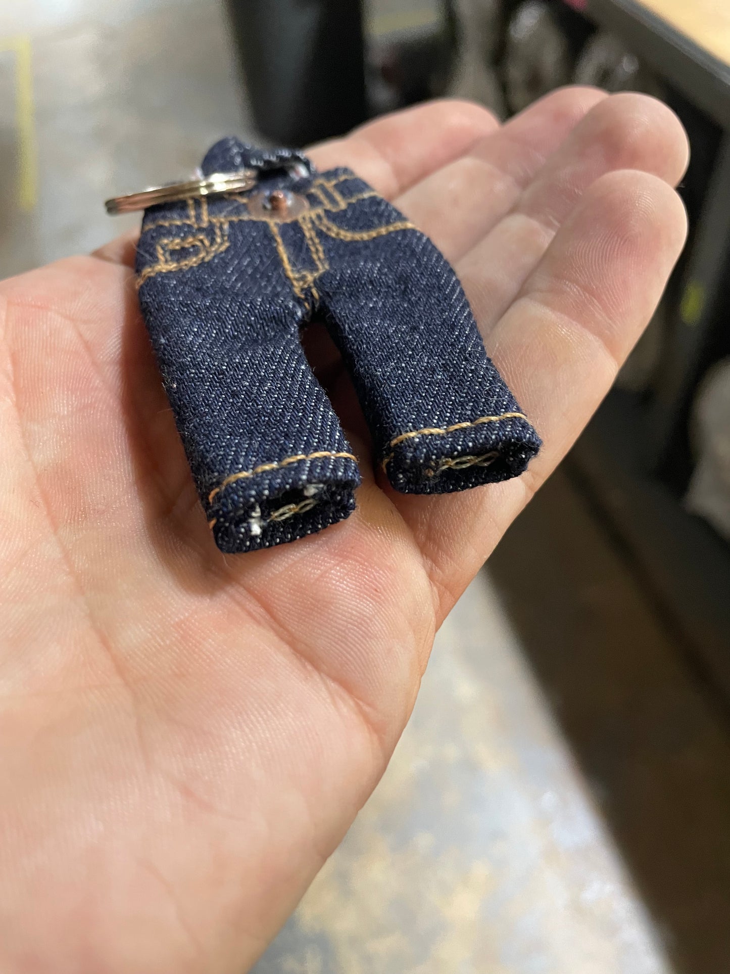 Milk Selvedge, Tiny Pants Keychain w/ milk colored chainstitch hem