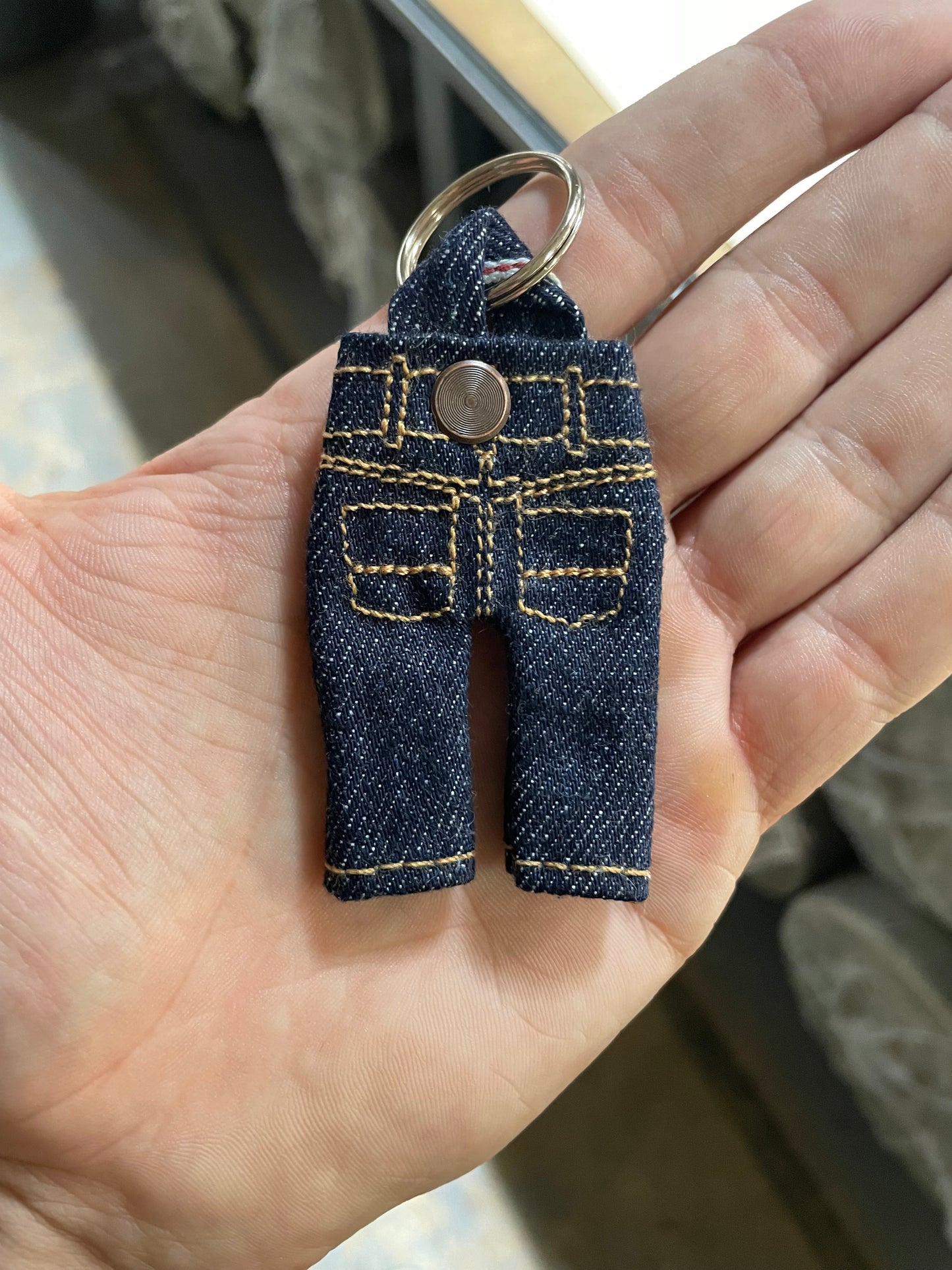 Milk Selvedge, Tiny Pants Keychain w/ milk colored chainstitch hem