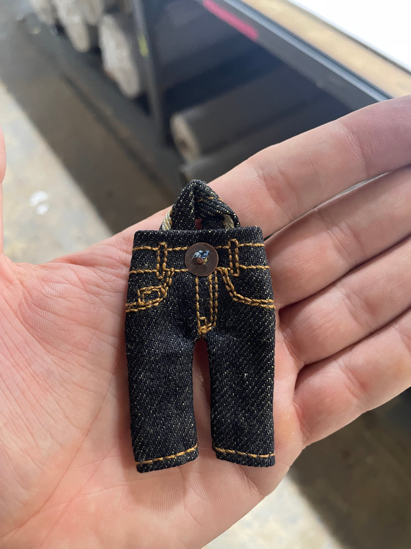 Turmeric Dyed, Selvedge Tiny Pants Keychain w/ chainstitch hem