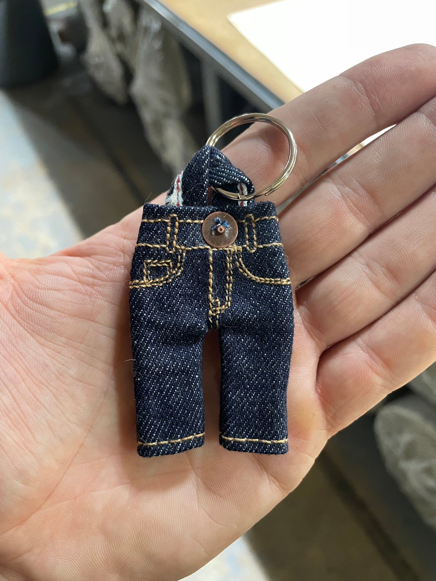 Milk Selvedge, Tiny Pants Keychain w/ milk colored chainstitch hem