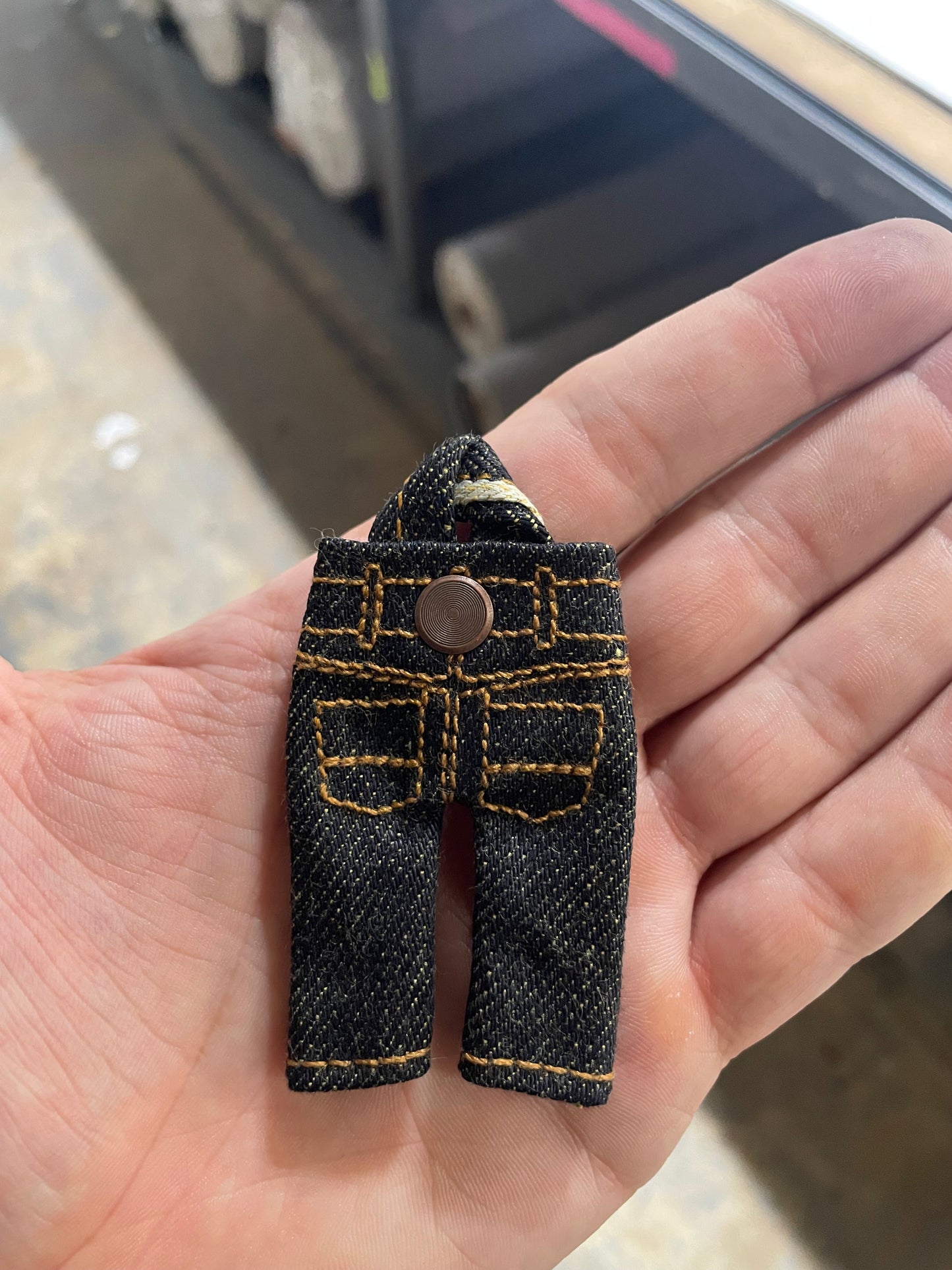 Turmeric Dyed, Selvedge Tiny Pants Keychain w/ chainstitch hem